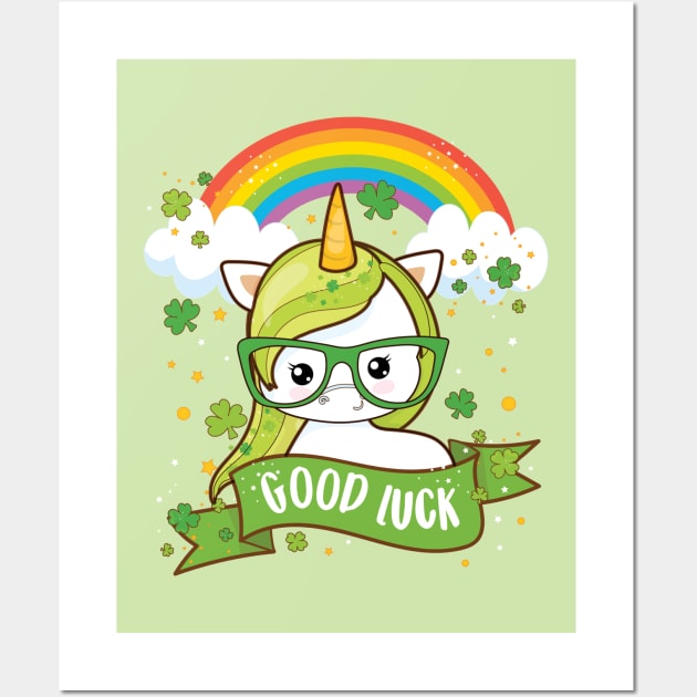 Kawaii Good Luck Rainbow St Patricks Day Unicorn Wall Art by Irene Koh Studio